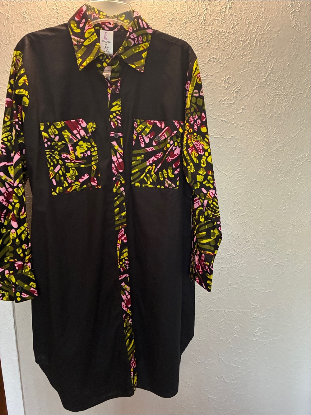 Black Long-Sleeve Shirt Dress with Neon Pink & Neon Yellow Print Accents